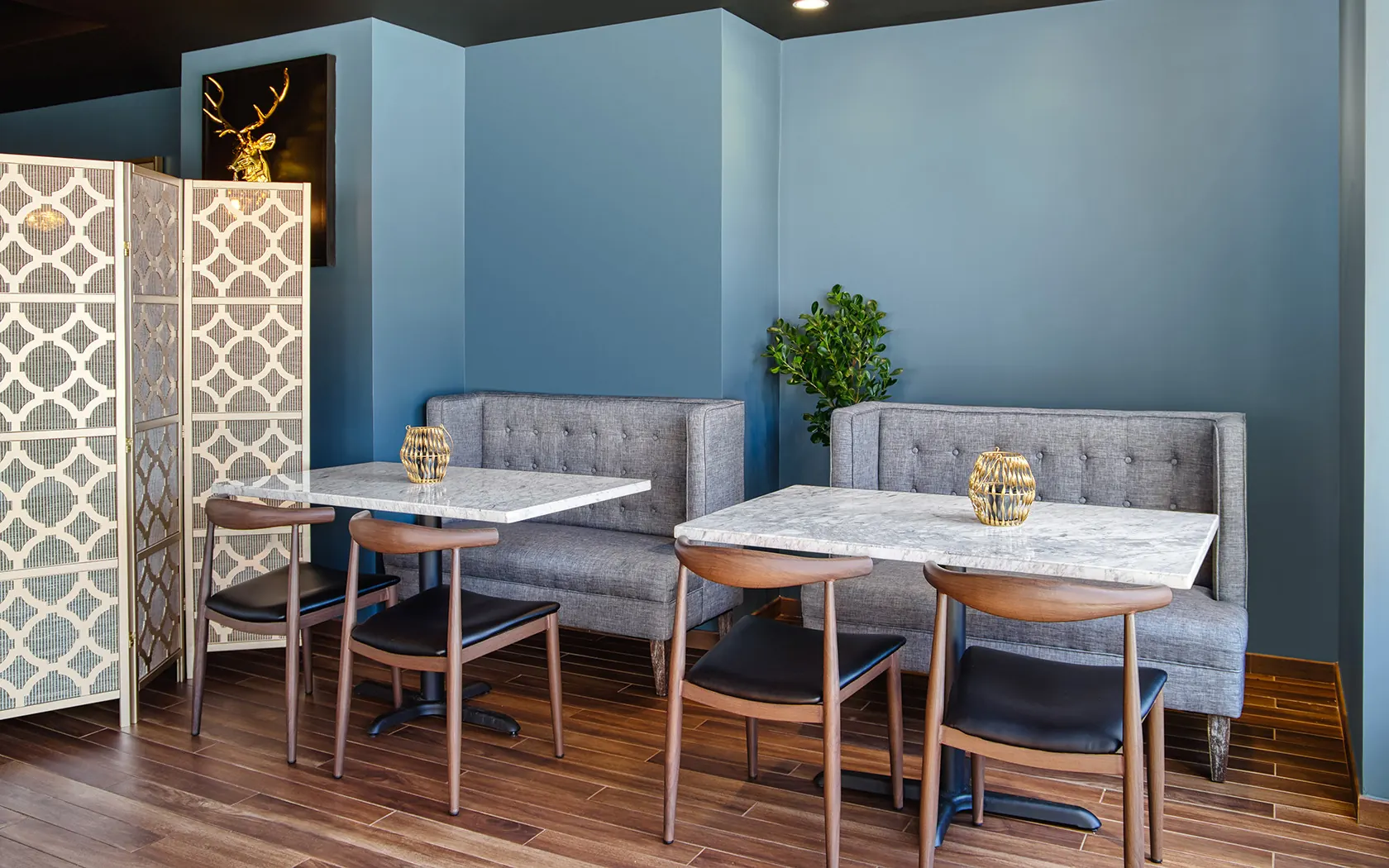 The dining room and bar set for a gathering.
